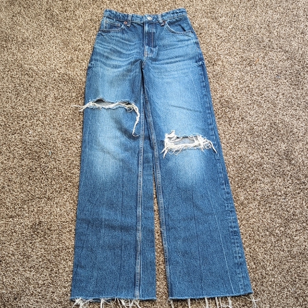 Zara Wide Flare High Rise Jeans Distressed Size 2